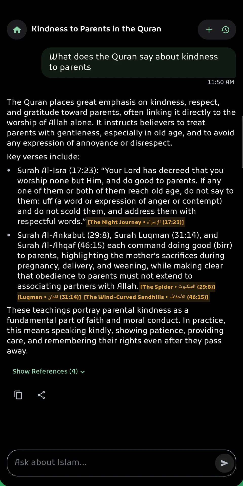 IslamIQ Pro app screen: an answer about kindness to parents that cites Surah Al-Isra 17:23 and other verses