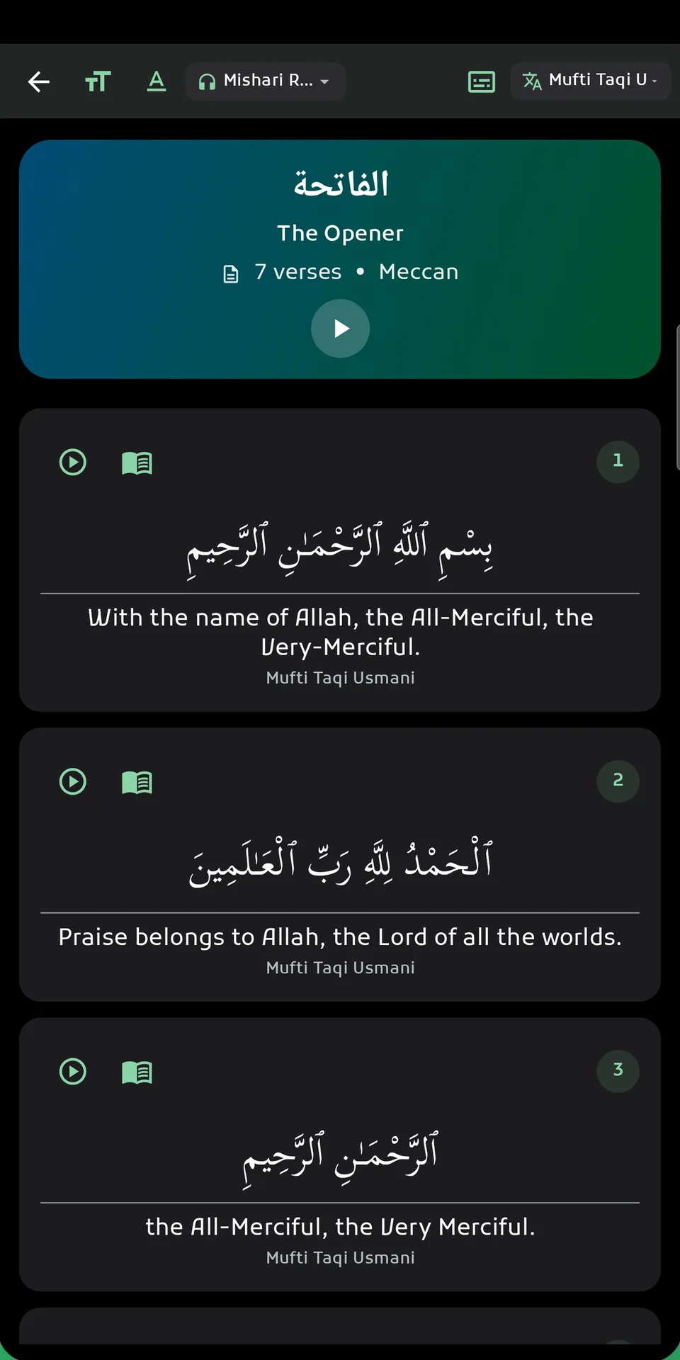 IslamIQ Pro app screen: Surah Al-Fatiha verse by verse, with the Arabic, an English translation and a reciter bar