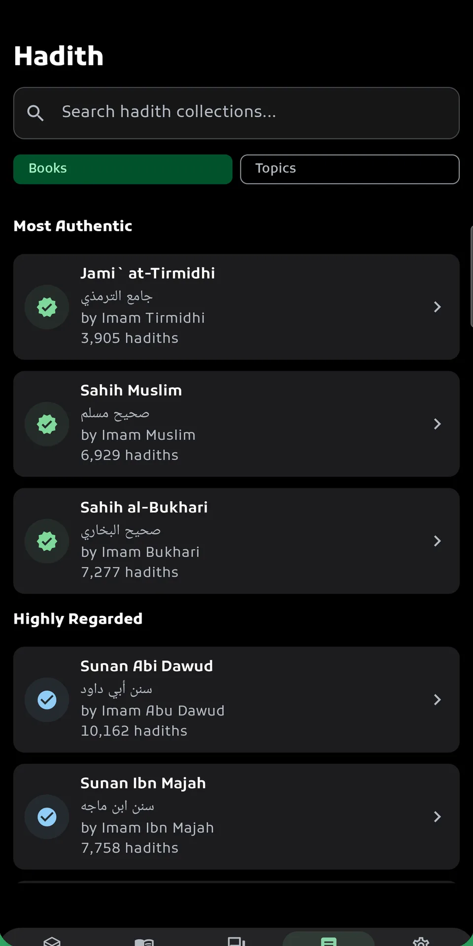 IslamIQ Pro app screen: the Hadith home, listing collections with their hadith counts